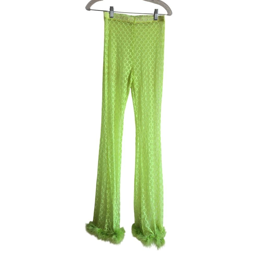 Unbranded S Mesh Flare Pants Womens Neon Green Excellent Faux Fur Trim Rave